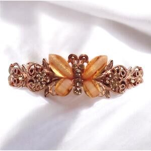 Vintage Orange & Copper Color Lucite, Rhinestone Butterfly Hair Barrette-NEW